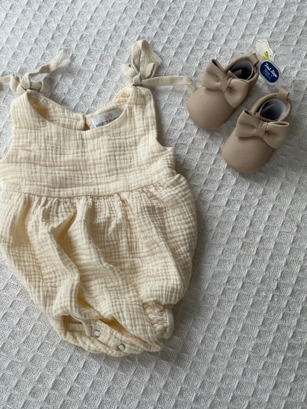 Bailey's Blossom Pale Yellow 100% Cotton Bubble Romper w/First Step Tan Booties